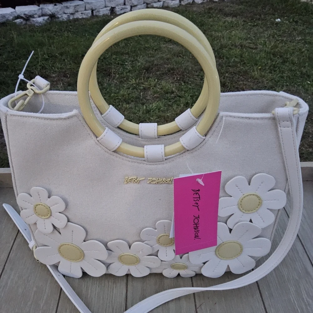 Betsey Johnson Cream and Yellow Satchel with Floral Design - Picture 3 of 7